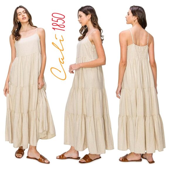 CALI 1850 {NWT} Lined Tiered Maxi Dress | Small, oatmeal | spaghetti strap - Picture 1 of 13
